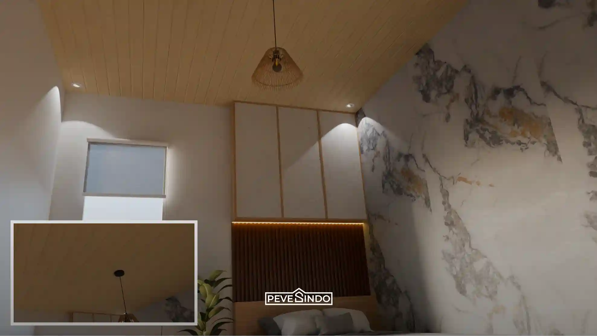 Desain kamar tidur minimalis dengan plafon PVC Pevesindo motif kayu terang berukuran 4 meter yang anti rayap, dilengkapi aksen dinding marmer elegan dan lampu gantung.