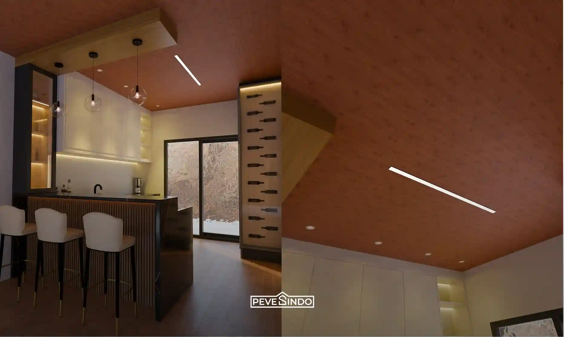 Desain area dapur dan mini bar modern elegan dengan plafon PVC Pevesindo motif kayu datar yang anti rayap, dilengkapi pencahayaan linier LED dan lampu gantung minimalis.