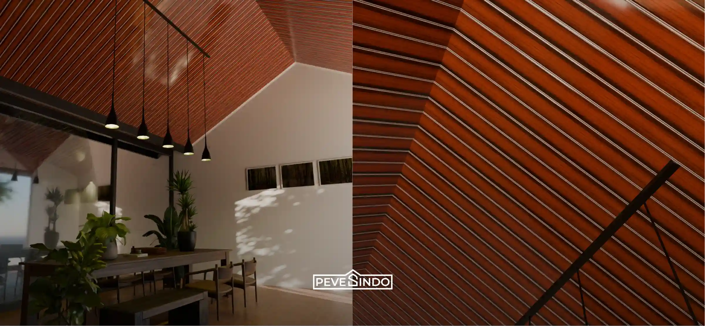 Ruang makan berkonsep modern dengan atap tinggi miring menggunakan plafon PVC Pevesindo motif kayu bergaris, dilengkapi jendela kaca besar dan lampu gantung.