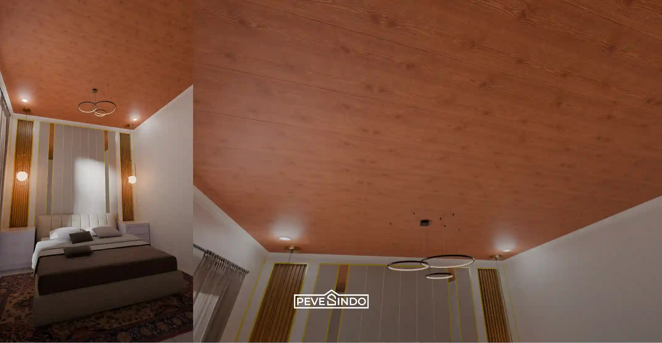 Desain kamar tidur modern di Makassar dengan plafon PVC Pevesindo motif kayu datar yang tahan air dan membantu menahan rambatan panas atap.