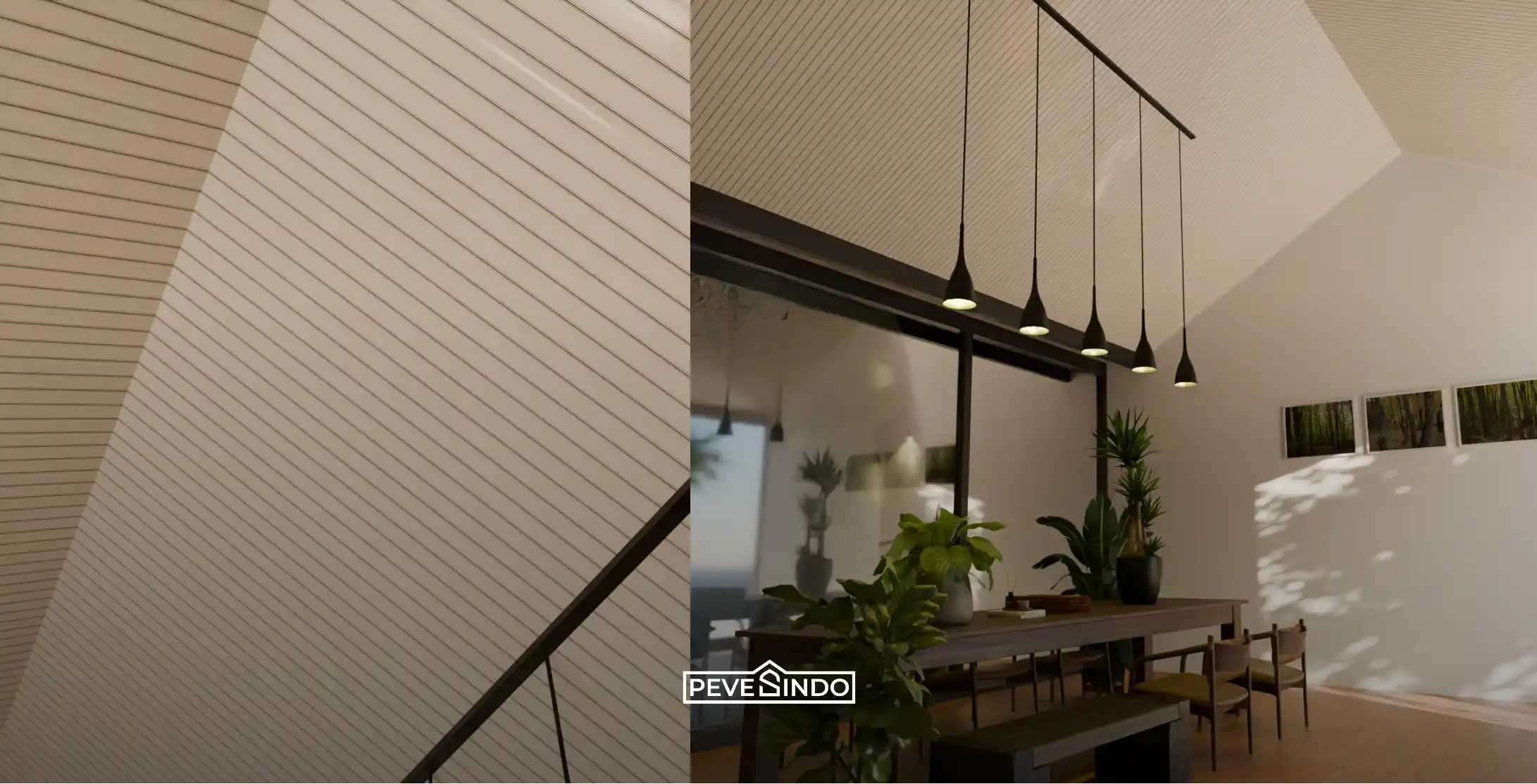 Desain interior ruang makan beratap miring tinggi menggunakan plafon PVC motif garis vertikal warna terang bergaya klasik kontemporer dengan meja kayu dan deretan lampu gantung hitam.