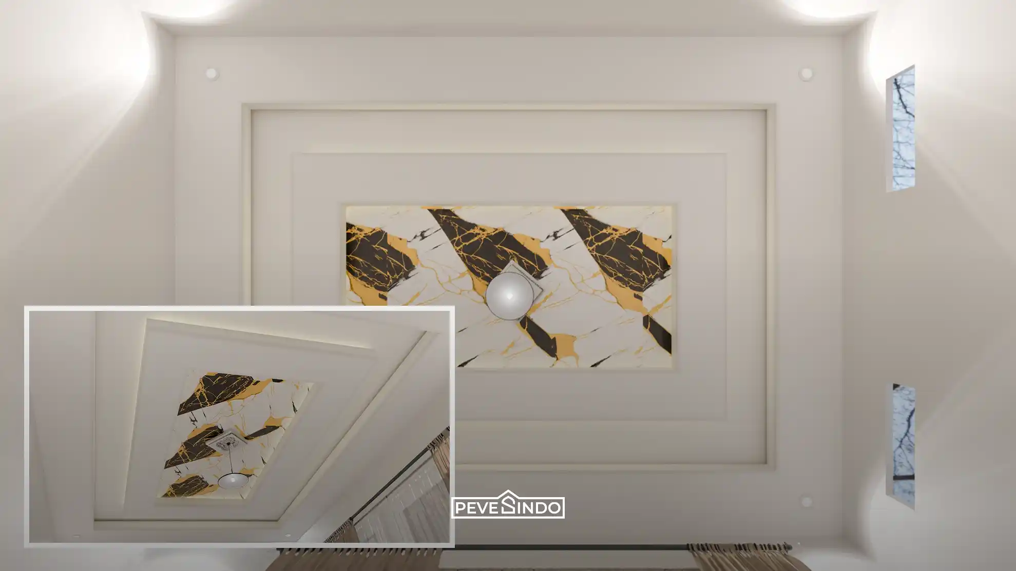 Desain interior plafon drop ceiling bertingkat warna putih dengan sentuhan panel UV board motif marmer urat hitam emas di bagian tengah sebagai titik fokus ruangan mewah.