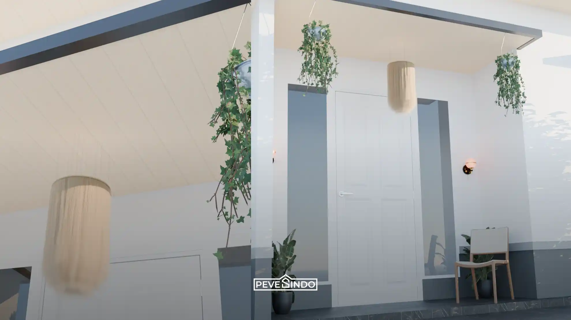 Desain teras rumah minimalis dengan plafon PVC motif kayu warna terang, dilengkapi pintu utama berwarna putih, kursi santai, lampu gantung rotan, dan tanaman hias gantung.