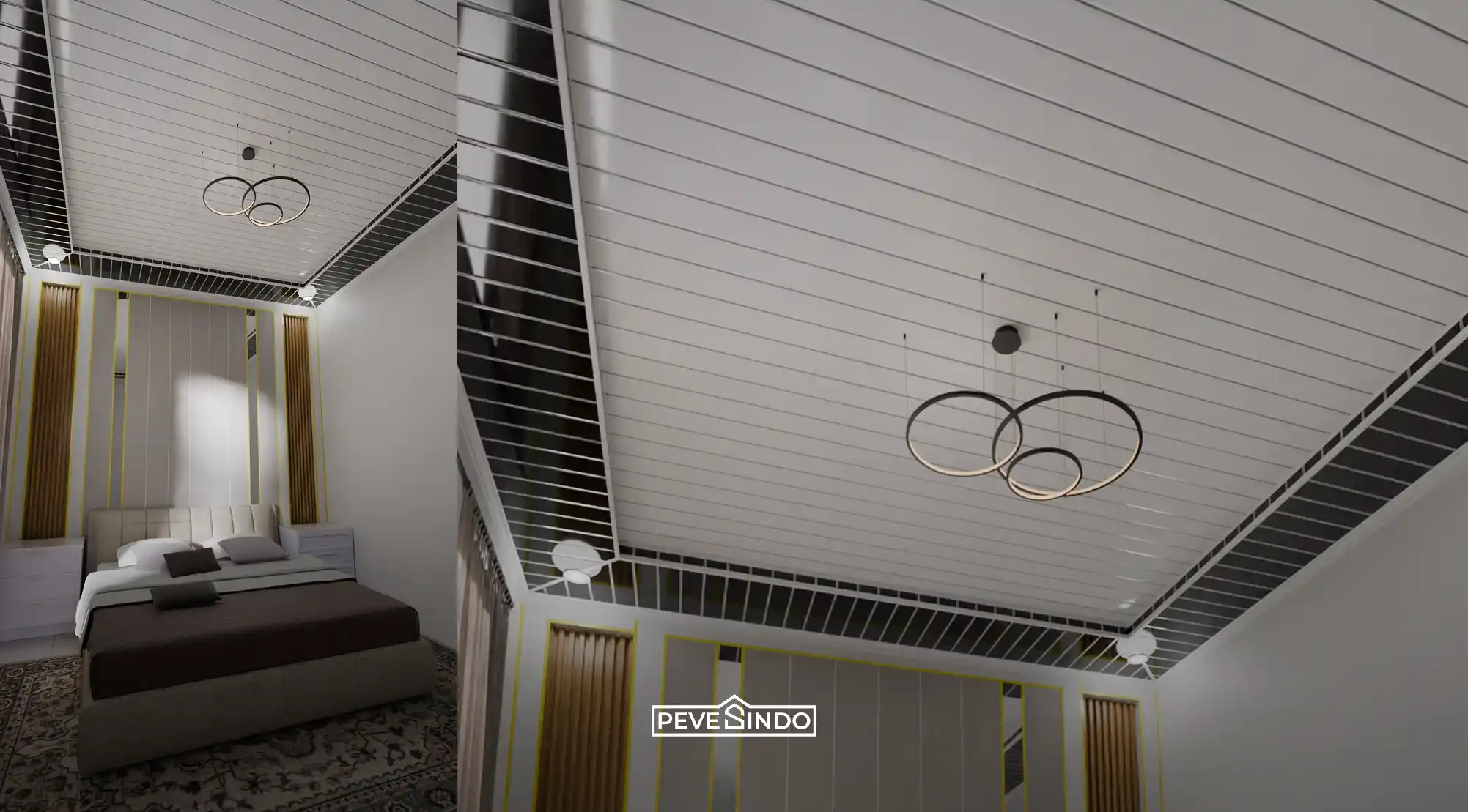 Desain interior kamar tidur utama bernuansa modern elegan dengan plafon PVC kombinasi warna putih dan lis hitam bergaris, dilengkapi lampu gantung berbentuk cincin serta panel dinding beraksen emas.