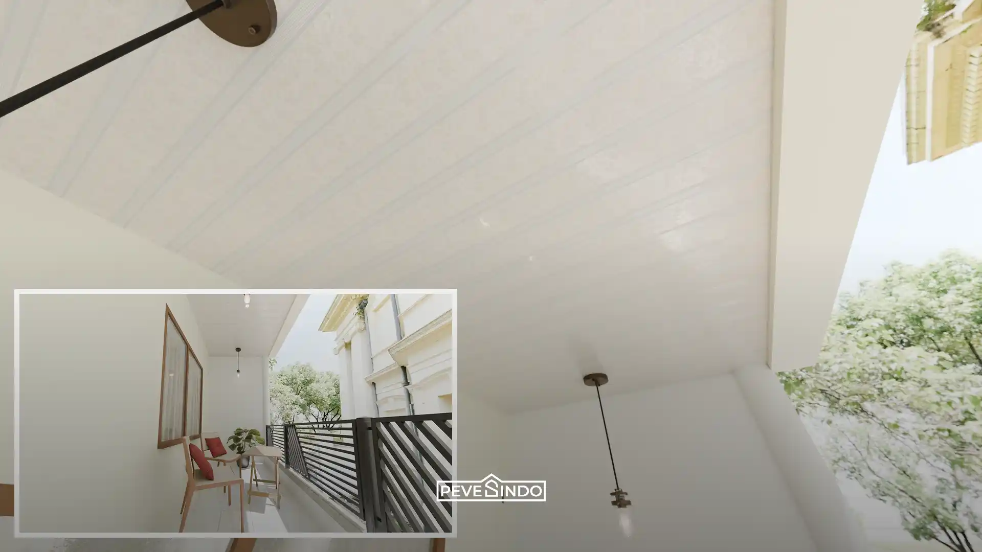 Tampilan balkon rumah bergaya klasik modern dengan plafon PVC warna putih bertekstur memanjang, dilengkapi kursi kayu, meja kecil, lampu gantung, dan pagar besi hitam.