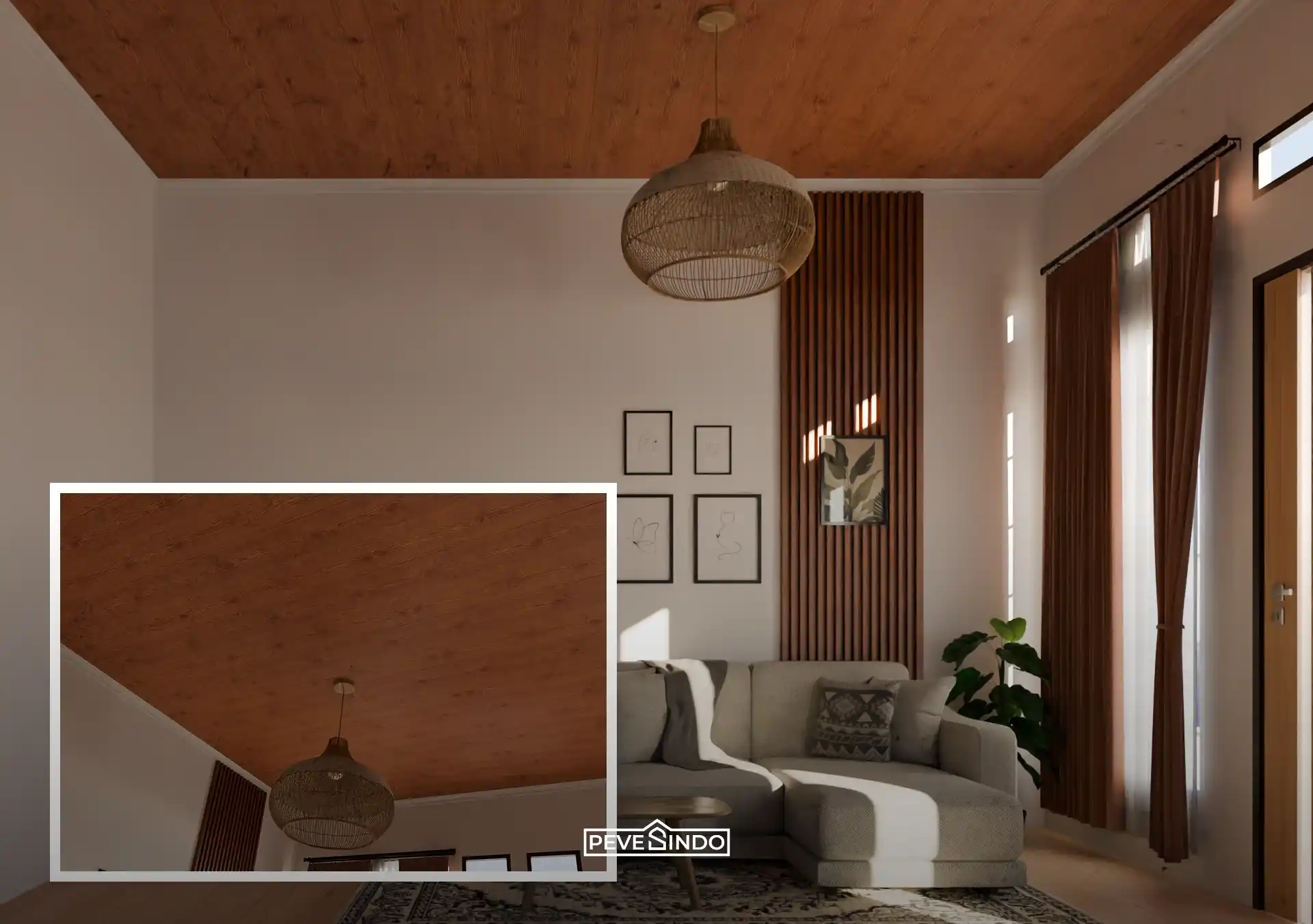 Desain interior ruang tamu minimalis 3x3 yang mengaplikasikan plafon PVC motif kayu dari Pevesindo, dipadukan dengan aksen wall panel bergaris dan lampu gantung rotan.