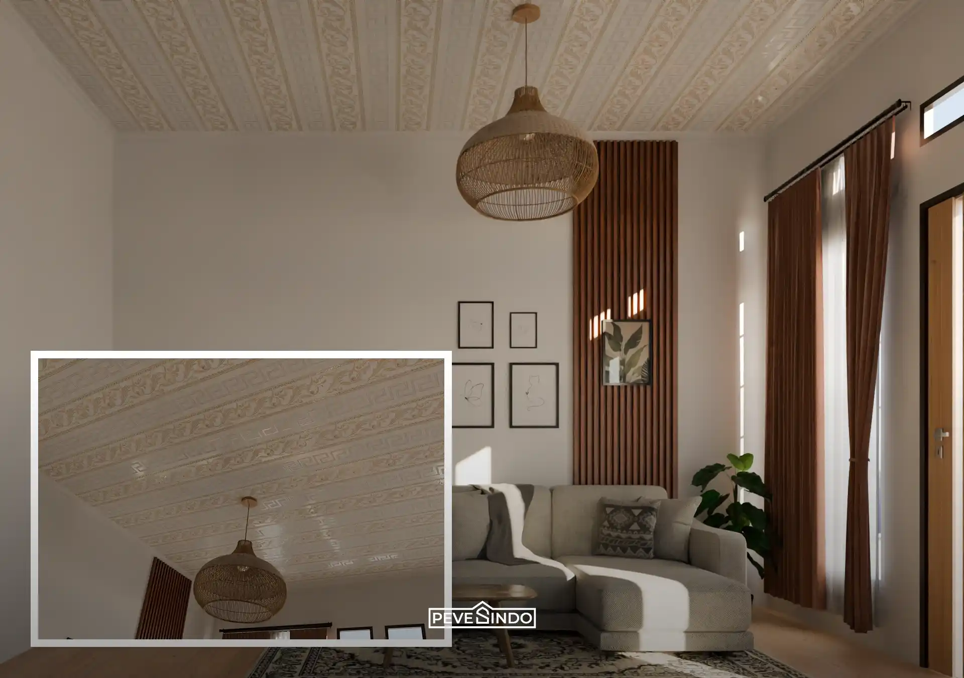 Desain plafon PVC motif klasik warna putih dan emas dari Pevesindo yang terpasang di ruang tamu minimalis ukuran 3x3 dengan interior bernuansa hangat.