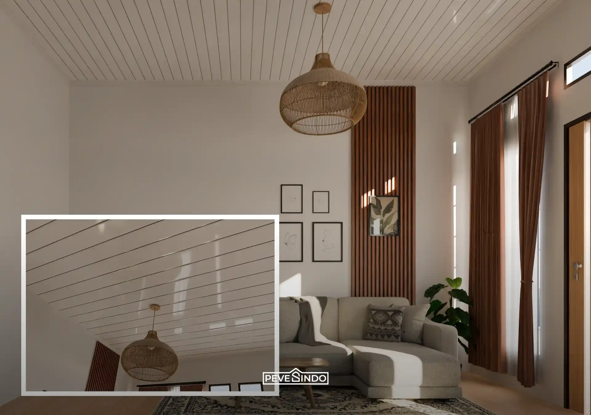 Pemasangan plafon PVC motif garis putih minimalis dari Pevesindo di ruang tamu ukuran 3x3, dilengkapi dengan lampu gantung rotan dan dekorasi wall panel kayu.