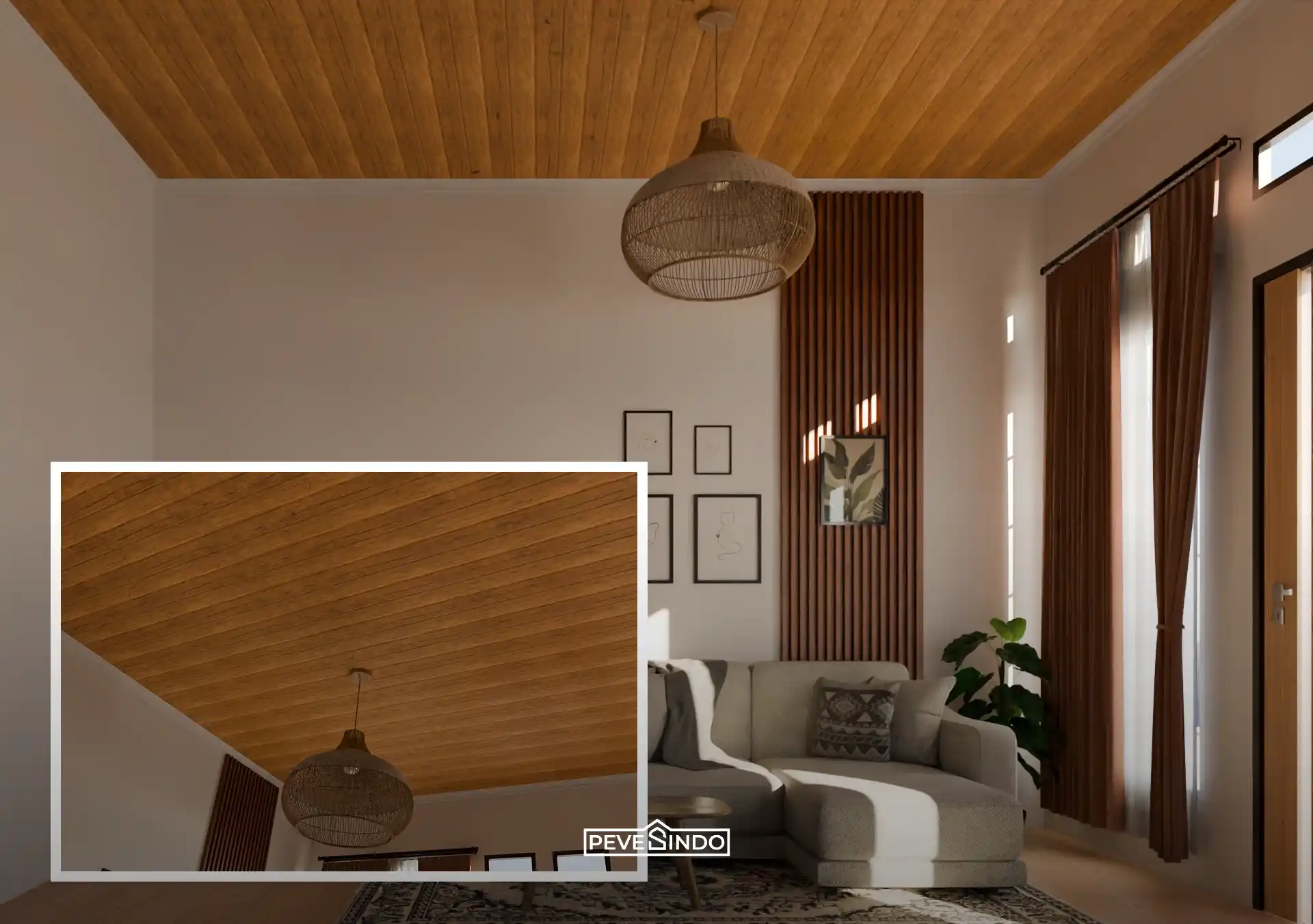 Desain interior ruang tamu 3x3 bergaya natural dengan pengaplikasian plafon PVC motif serat kayu bergaris dari Pevesindo dan hiasan lampu gantung rotan.