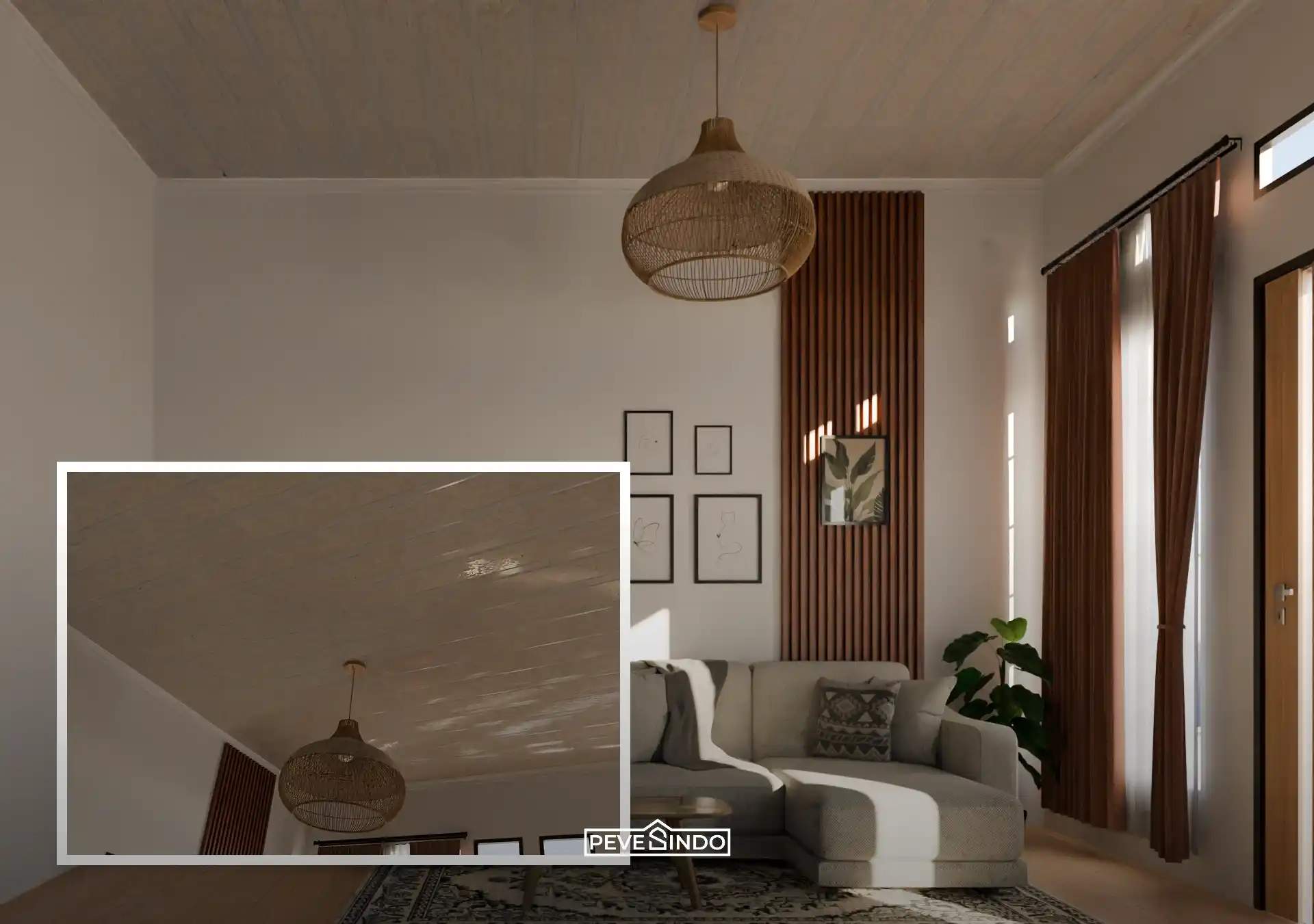 Pemasangan plafon PVC motif kayu terang bergaris dari Pevesindo di ruang tamu minimalis ukuran 3x3, disandingkan dengan aksen wall panel kayu dan lampu gantung rotan.