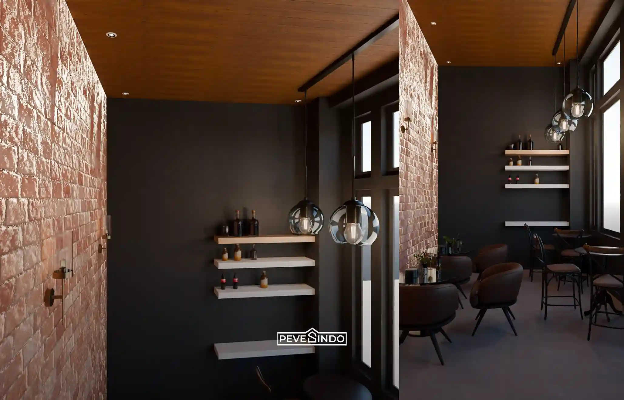Desain interior ruangan industrial menggunakan plafon PVC motif kayu dengan dinding bata ekspos dan lampu gantung hitam.