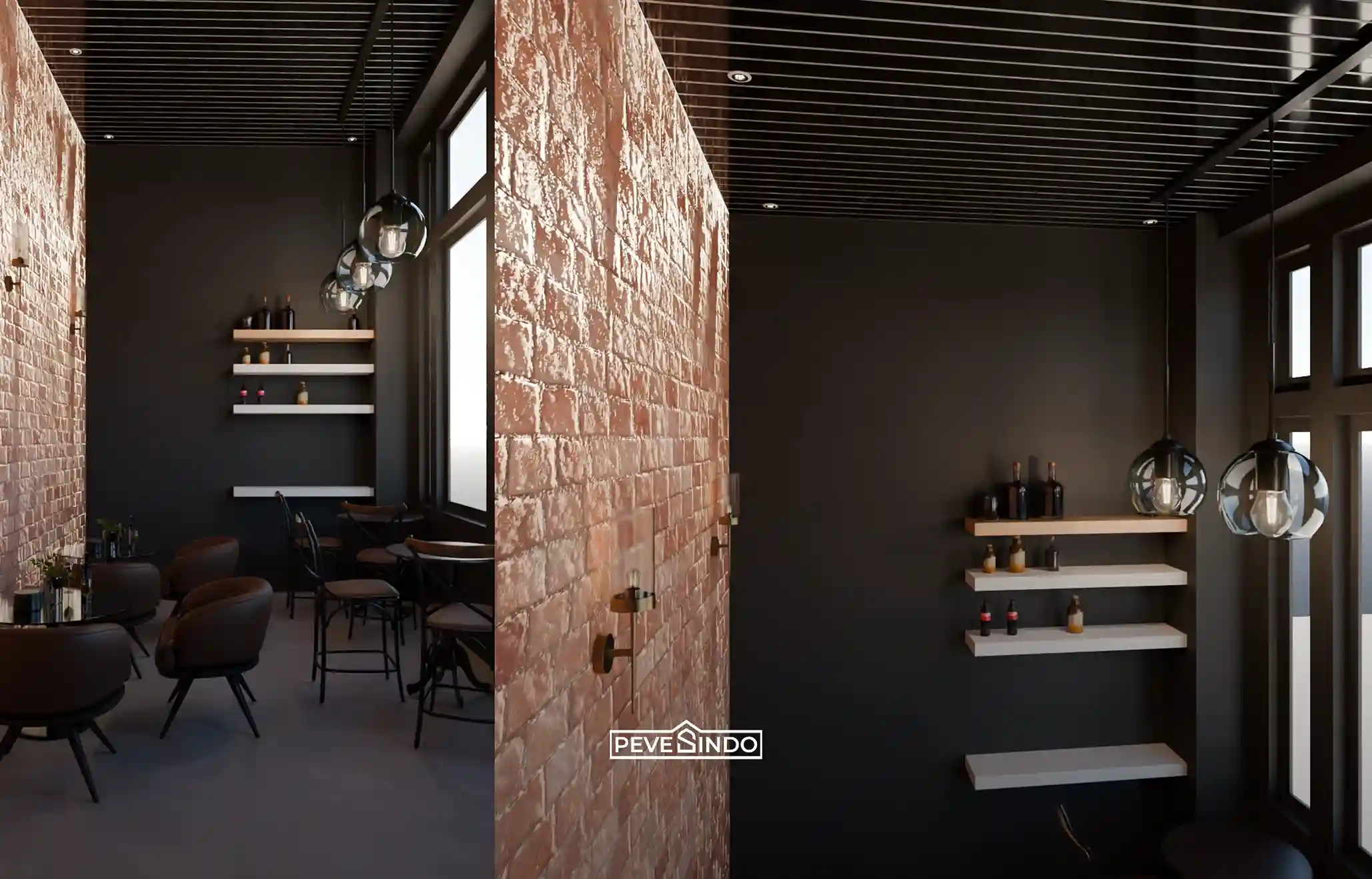 Interior cafe bergaya industrial menampilkan plafon PVC linear berwarna hitam dipadukan dengan dinding bata ekspos dan pencahayaan lampu gantung kaca.
