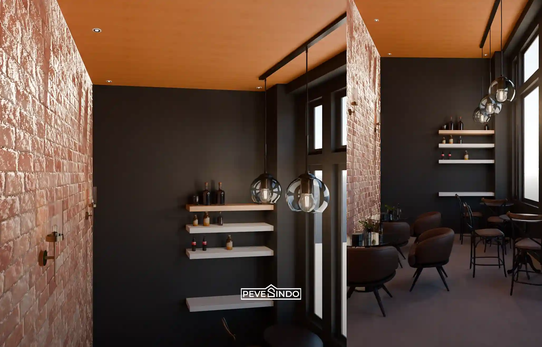 Desain interior cafe industrial dengan plafon PVC warna terakota solid, berpadu harmonis dengan dinding bata ekspos dan lampu gantung hitam.