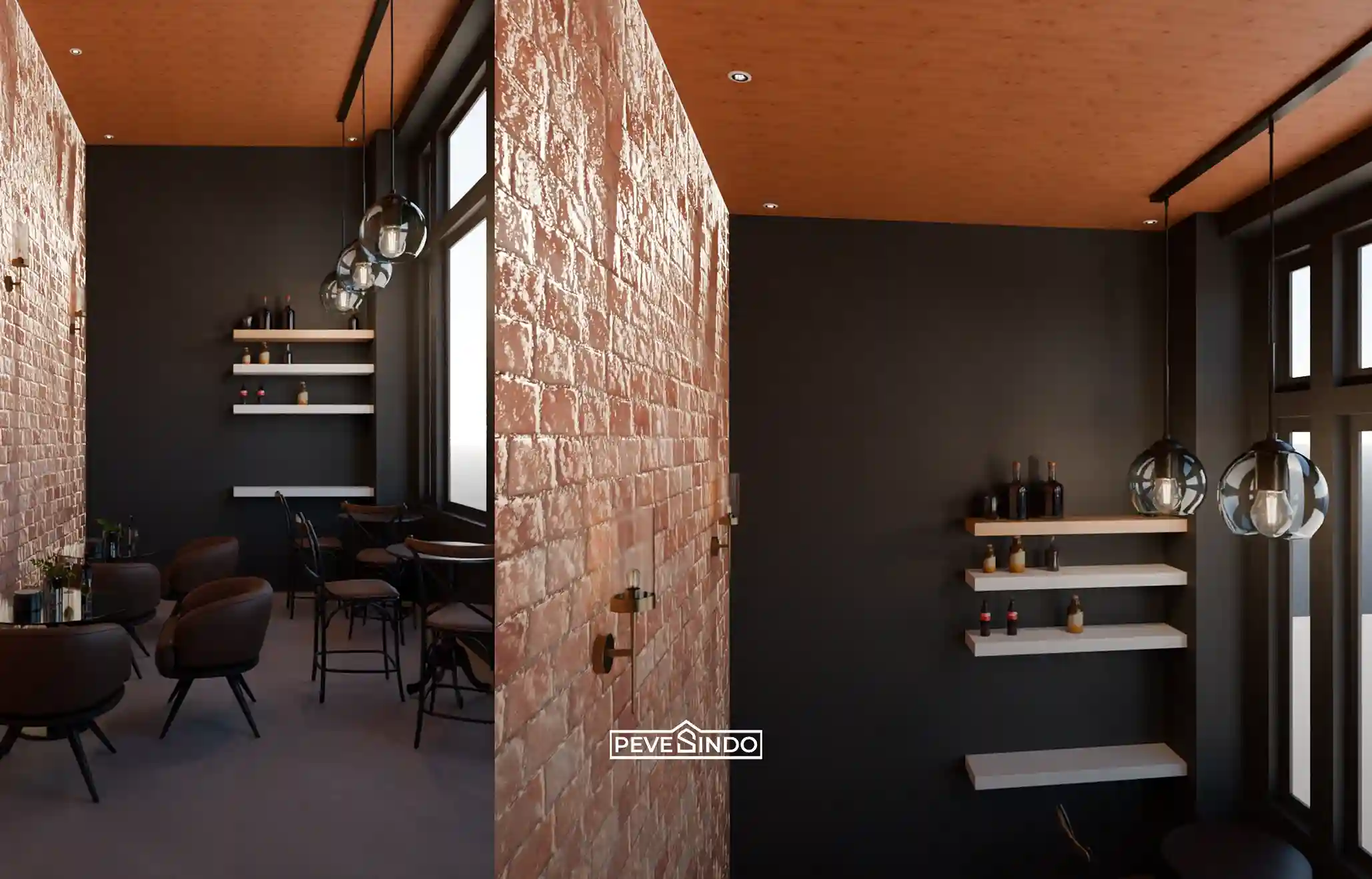 Interior cafe bergaya industrial dengan plafon PVC motif kayu natural yang dipadukan bersama dinding bata ekspos, lampu gantung hitam, dan kursi lounge cokelat.