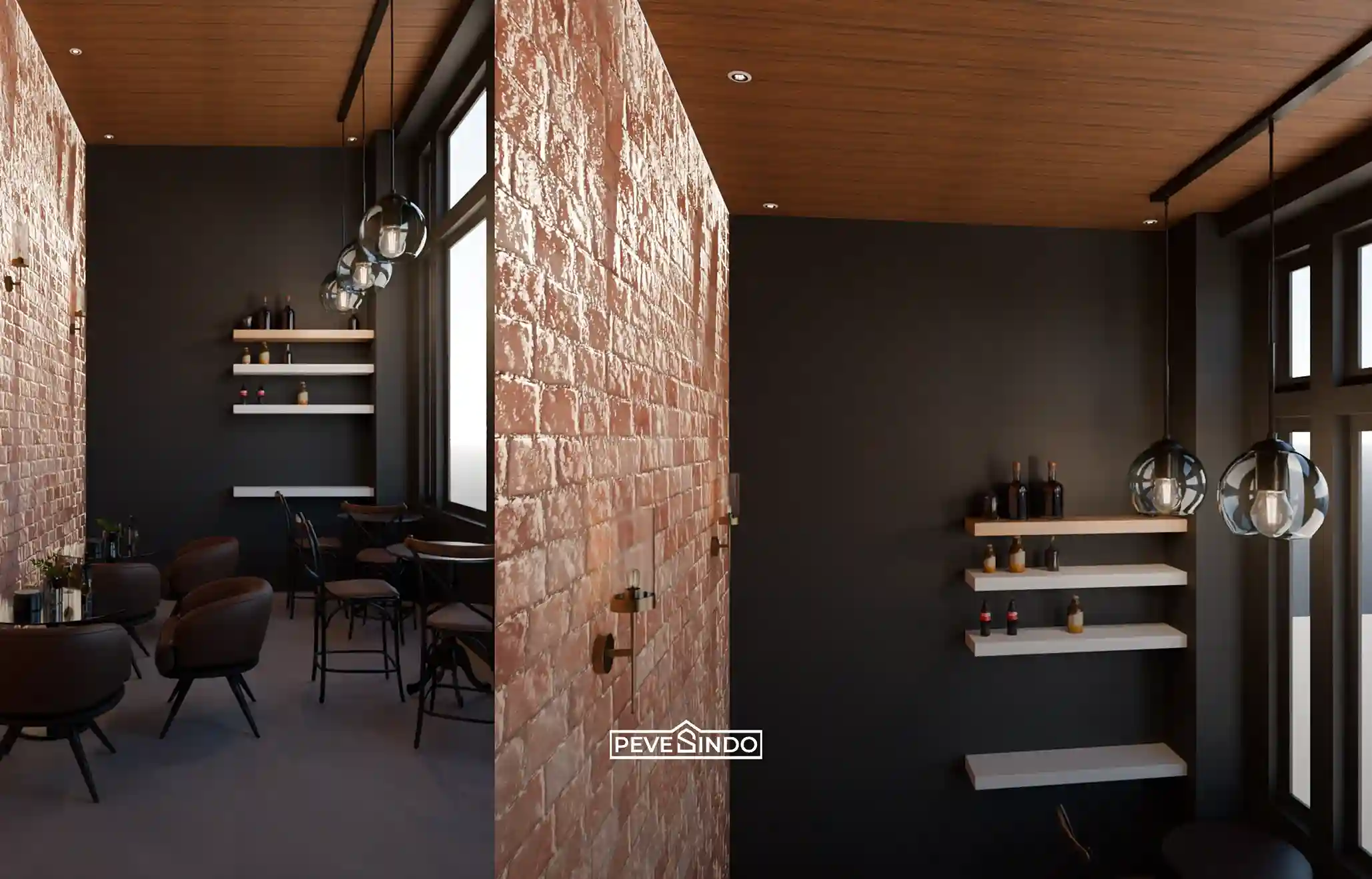 Interior cafe bergaya industrial dengan plafon PVC motif kayu gelap dari Pevesindo, dipadukan dinding bata ekspos, rak kayu dinding, dan lampu gantung kaca.