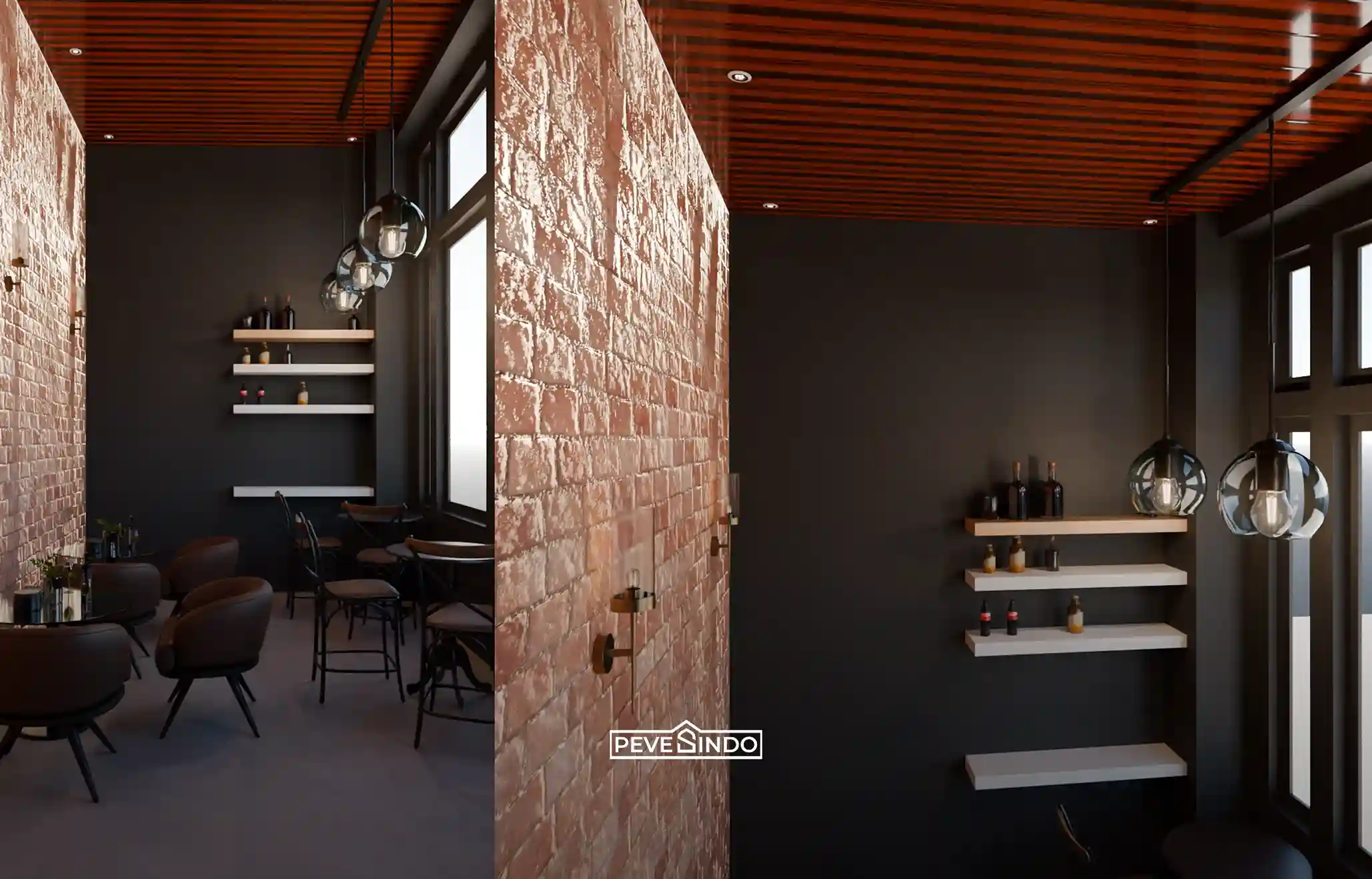 Desain interior cafe industrial yang menampilkan plafon PVC motif garis kayu dari Pevesindo, berpadu dengan dinding bata ekspos dan lampu gantung kaca klasik.