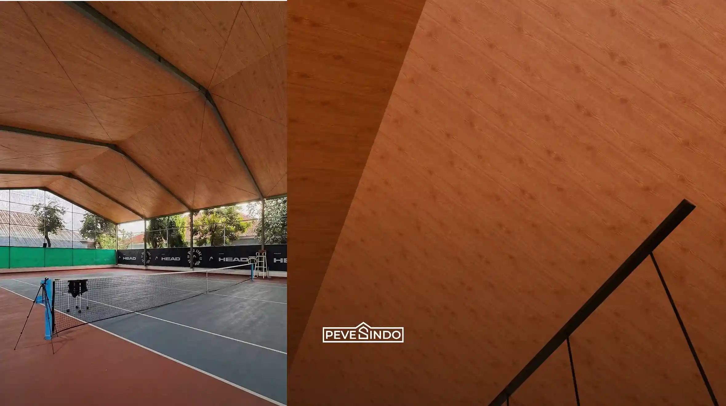 Atap lapangan padel semi-indoor menggunakan plafon PVC motif kayu berwarna cokelat natural dengan desain modern.