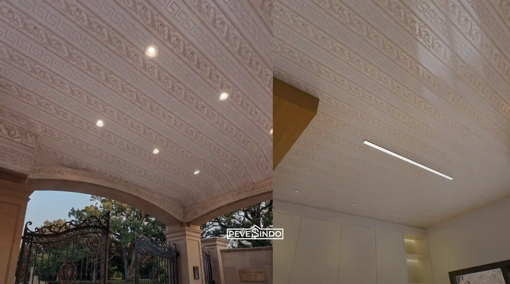 Desain plafon PVC Pevesindo motif ukiran klasik berwarna cerah terpasang rapi pada lengkungan atap gerbang perumahan mewah.
