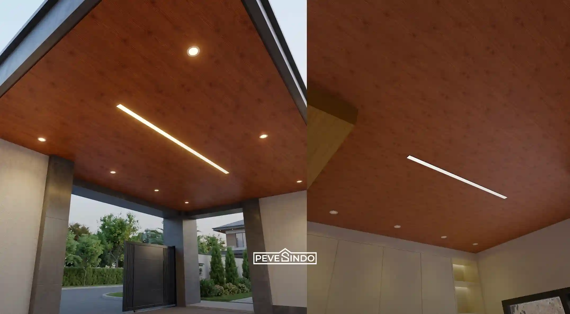 Pemasangan plafon PVC Pevesindo motif kayu natural dengan lampu LED linier pada area atap carport perumahan berdesain modern.