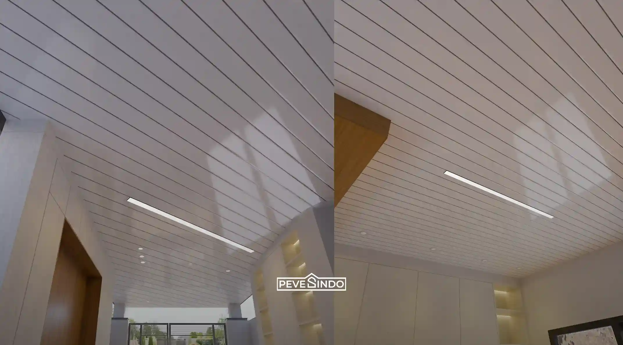 Plafon PVC Pevesindo warna putih dengan aksen garis minimalis terpasang rapi pada area teras berdesain modern.