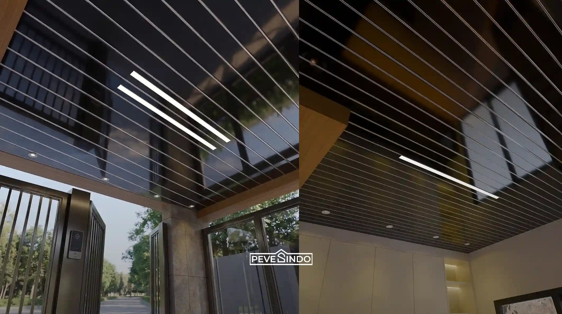 Plafon PVC Pevesindo warna hitam glossy dengan garis silver dan lampu LED strip terpasang di area gerbang rumah modern.