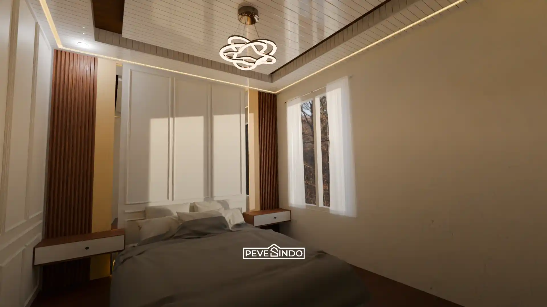 Desain interior kamar tidur modern dengan drop ceiling menggunakan lembaran panjang plafon PVC putih glossy, lampu LED warm white, dan aksen wallpanel kayu Pevesindo.