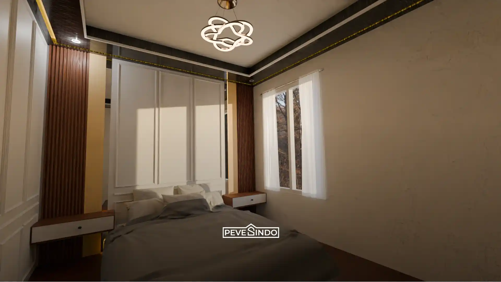 Desain interior kamar tidur eksklusif dengan drop ceiling menggunakan plafon PVC motif kayu gelap dan putih dari Pevesindo, dipadukan dengan aksen wallpanel kayu dan lampu gantung modern.