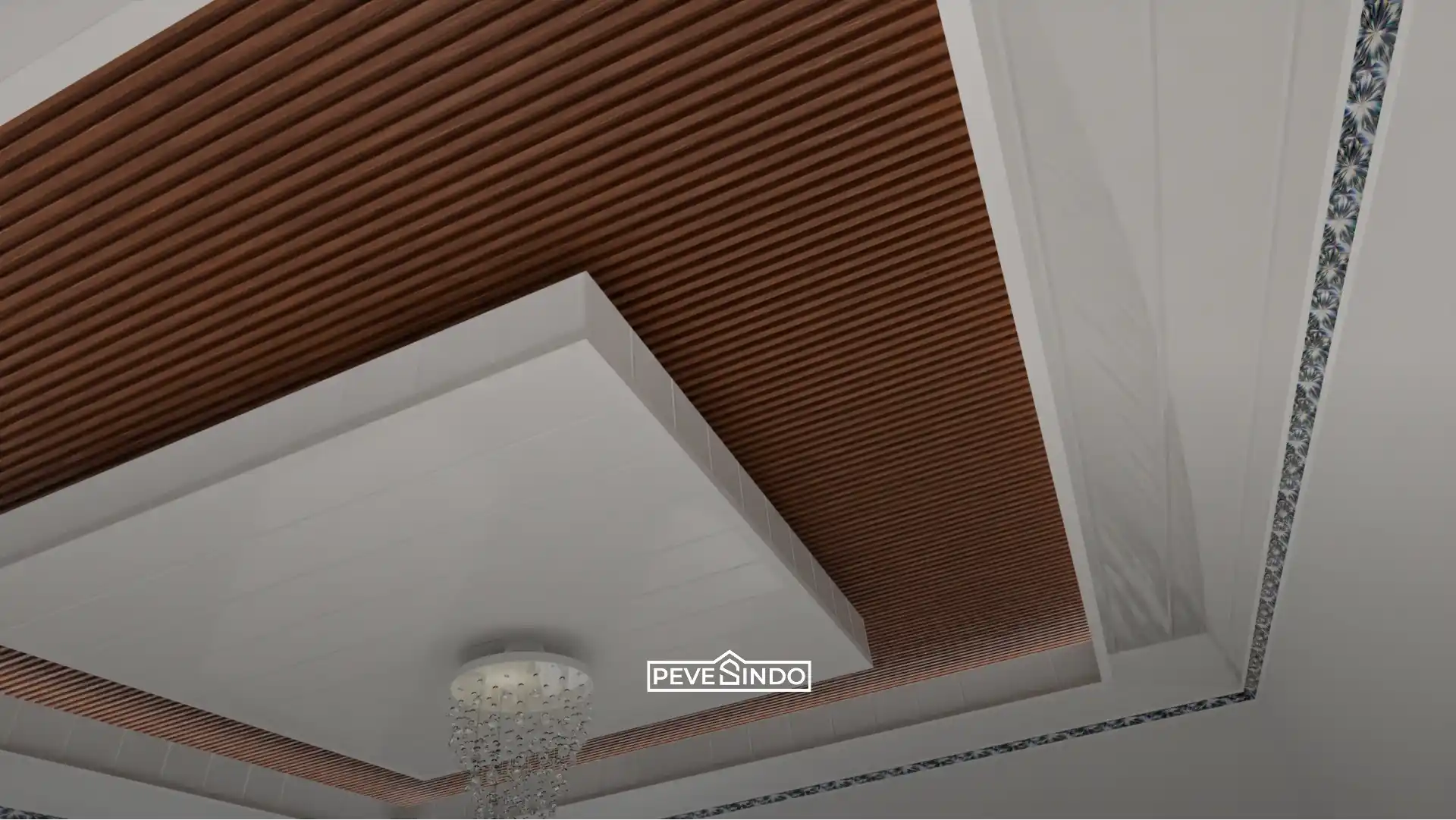 Detail desain drop ceiling menggunakan plafon PVC putih polos dan panel motif kayu bertekstur dari Pevesindo, dilengkapi hiasan lis tepi dan lampu gantung kristal di tengah ruangan.