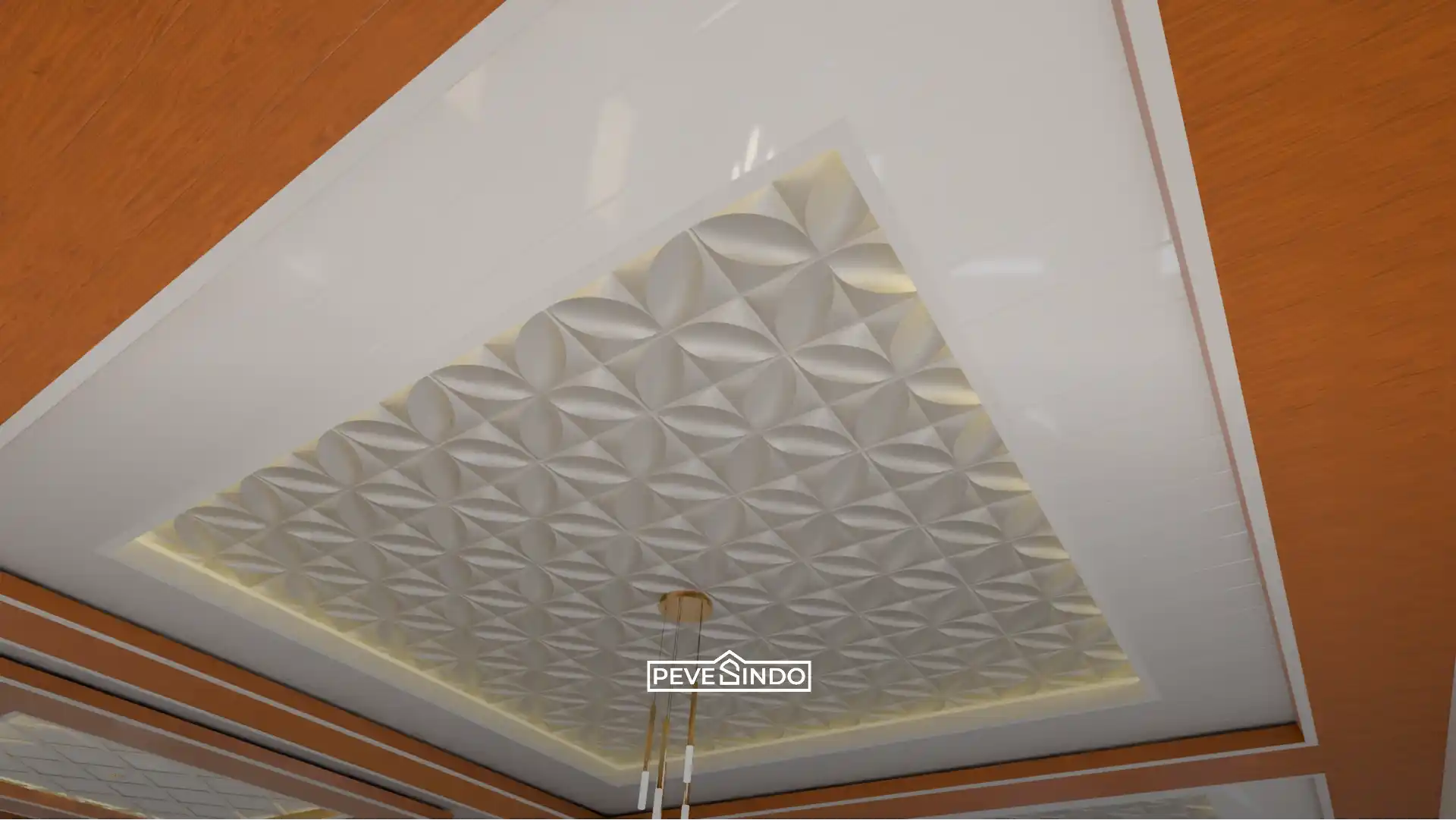 Desain drop ceiling elegan memadukan plafon PVC motif kayu Pevesindo dengan panel tengah bertekstur 3D putih, dilengkapi hidden LED dan lampu gantung minimalis.