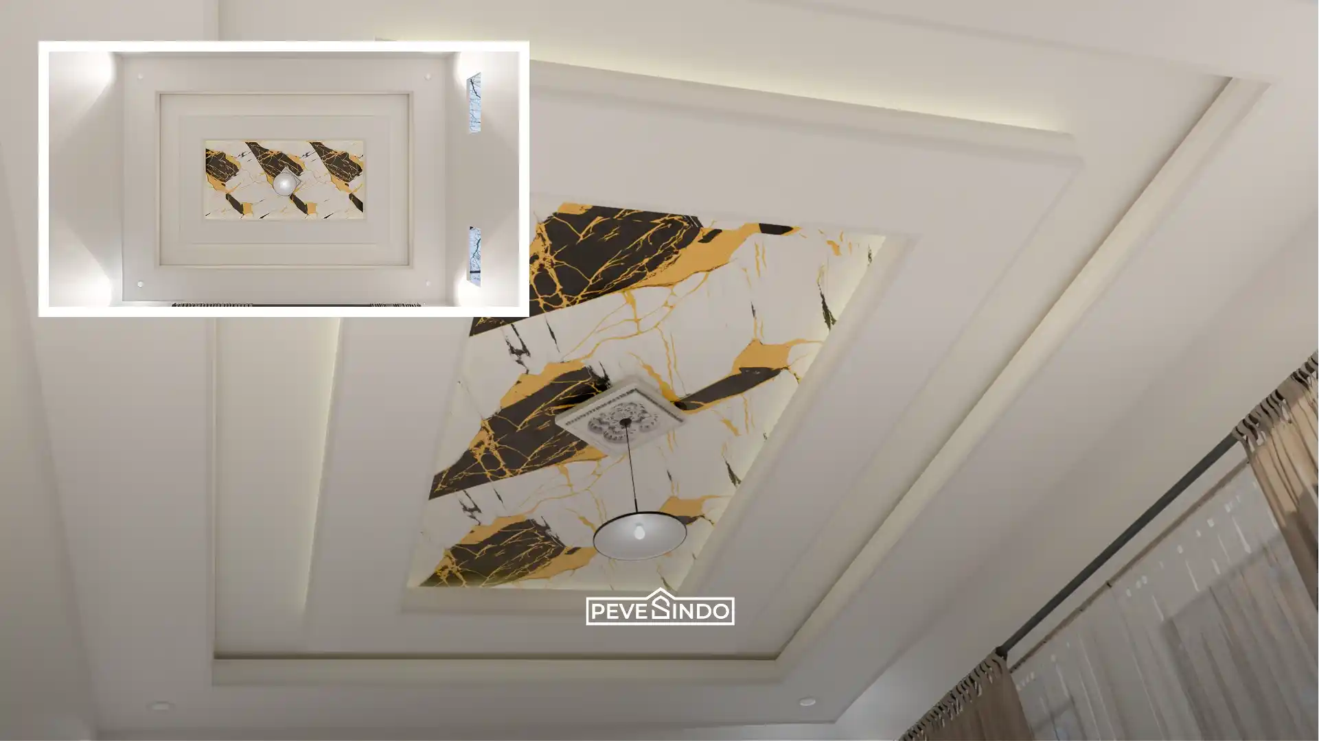 Desain plafon PVC bertingkat warna putih dengan aksen panel tengah motif marmer hitam dan emas dari Pevesindo, dilengkapi lampu gantung minimalis untuk interior ruangan mewah.