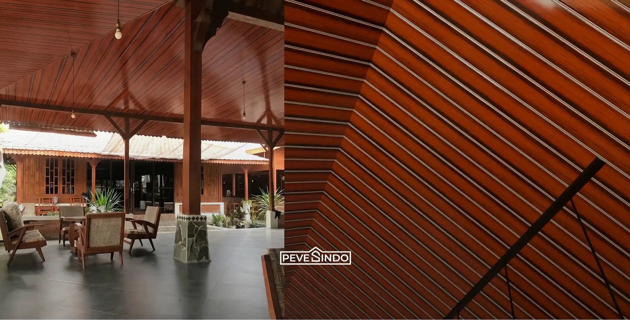 Detail pemasangan plafon PVC Pevesindo motif kayu cokelat bergaris pada langit-langit miring pendopo bergaya joglo tradisional dengan pilar penyangga kayu.