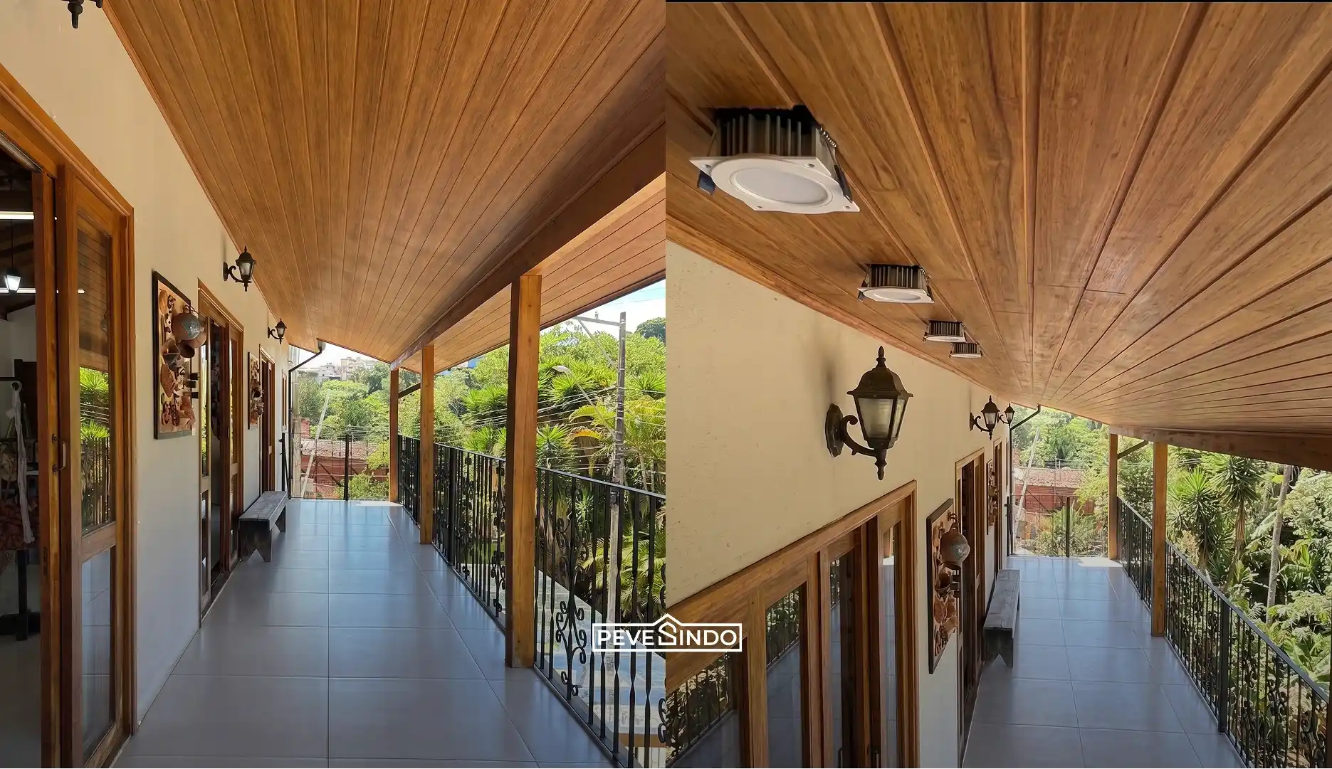 Plafon PVC Pevesindo motif kayu terpasang rapi pada atap teras balkon semi-outdoor yang dilengkapi lampu downlight kotak dan pilar kayu.