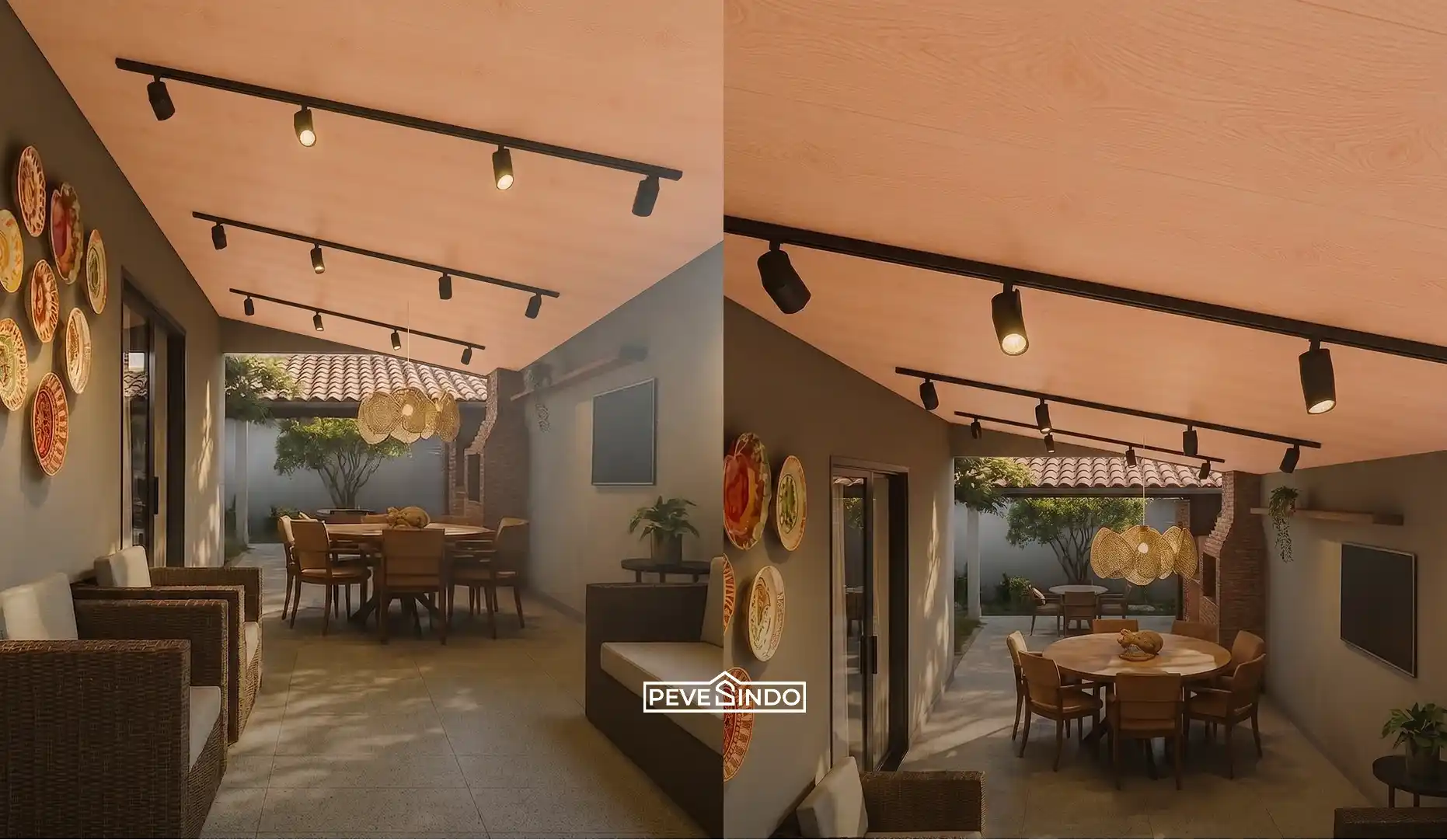 Plafon PVC Pevesindo motif kayu desain atap miring gaya joglo di ruang makan semi-outdoor dengan sistem pencahayaan track light hitam.
