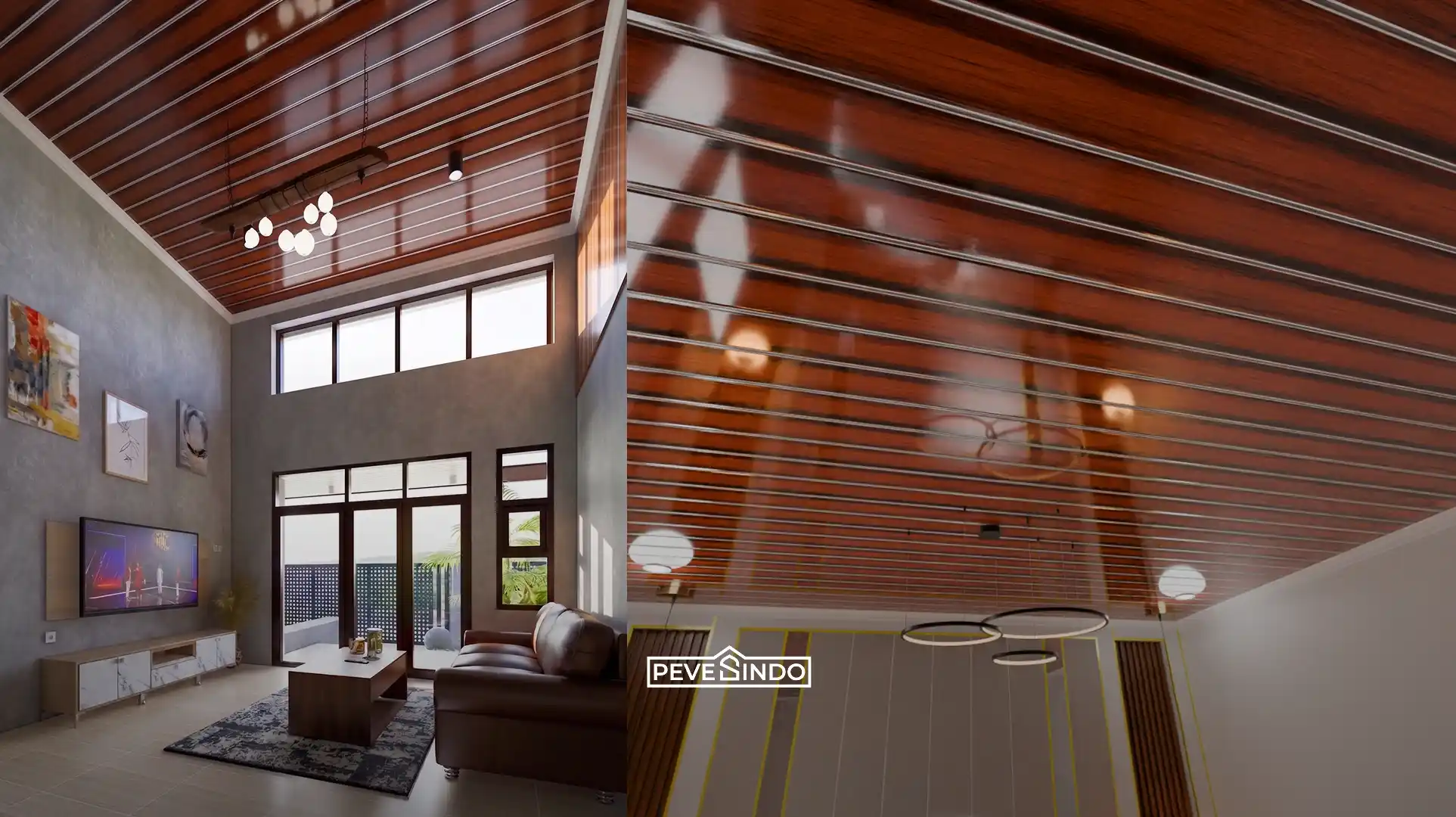 Interior ruang tamu industrial modern dengan aplikasi plafon PVC Pevesindo motif kayu panjang 4 meter berdesain high ceiling.