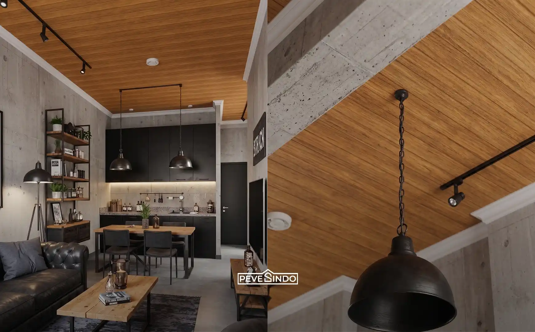 Desain interior open space dapur dan ruang keluarga bergaya industrial modern yang mengaplikasikan plafon PVC Pevesindo motif kayu natural panjang 4 meter.