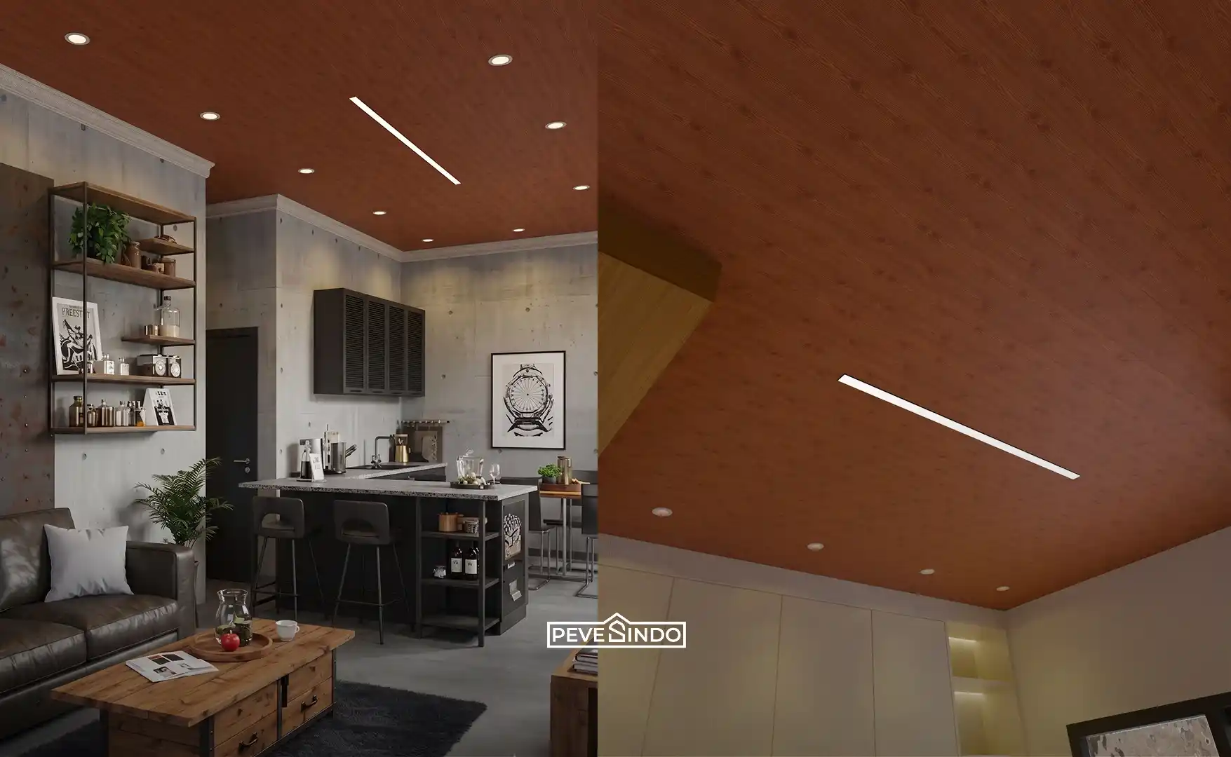 Area dapur dan ruang santai industrial modern yang menggunakan plafon PVC Pevesindo flat motif kayu gelap berukuran 4 meter dengan pencahayaan LED.