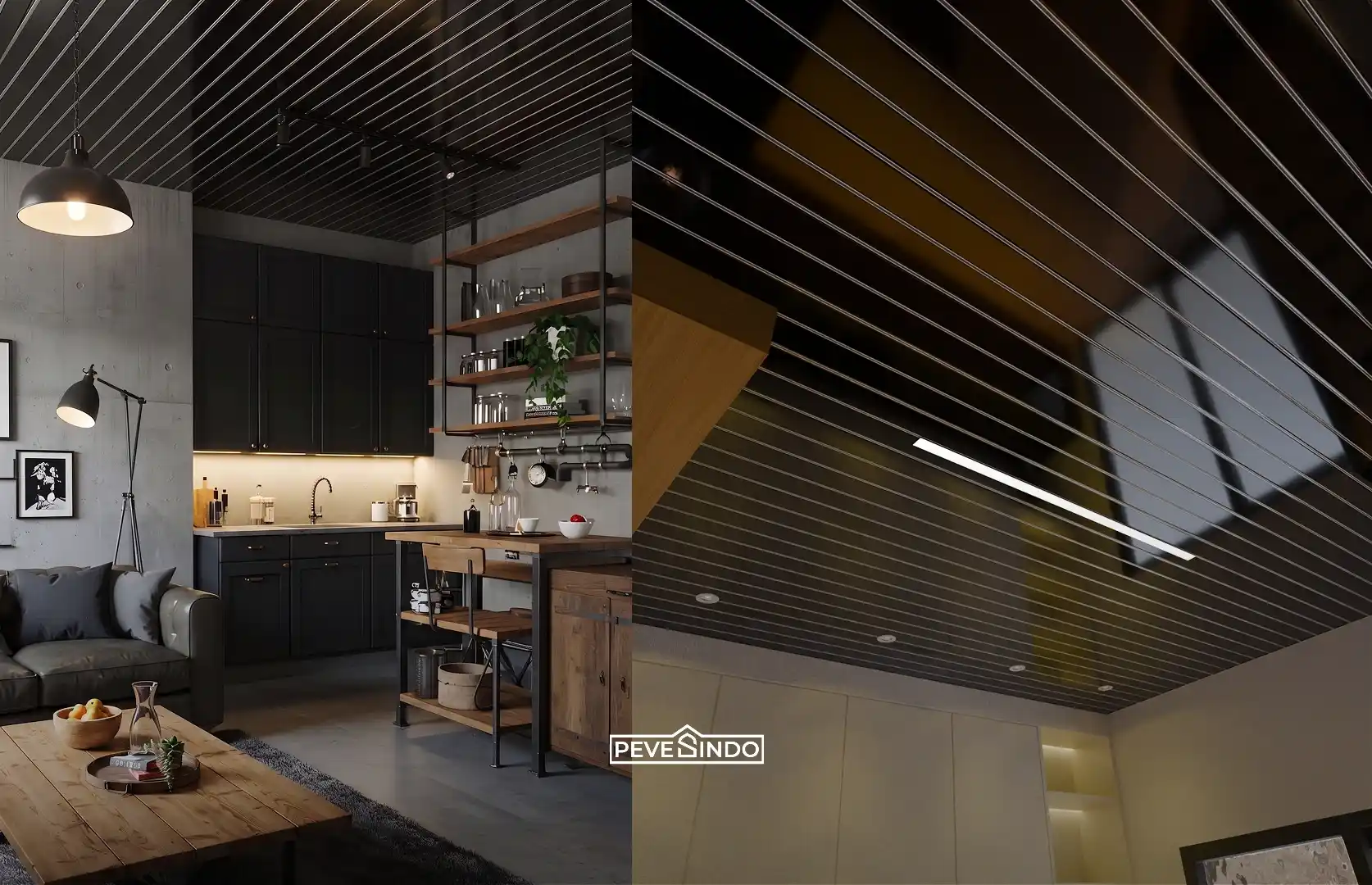 Interior dapur berkonsep industrial maskulin dengan aplikasi plafon PVC Pevesindo motif garis hitam mengkilap berukuran panjang 4 meter.
