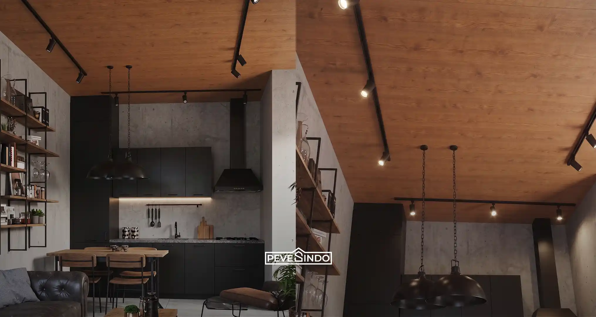 Ruang dapur dan ruang keluarga open space bergaya industrial modern dengan aplikasi plafon PVC Pevesindo motif kayu natural panjang 4 meter dan lampu track hitam.
