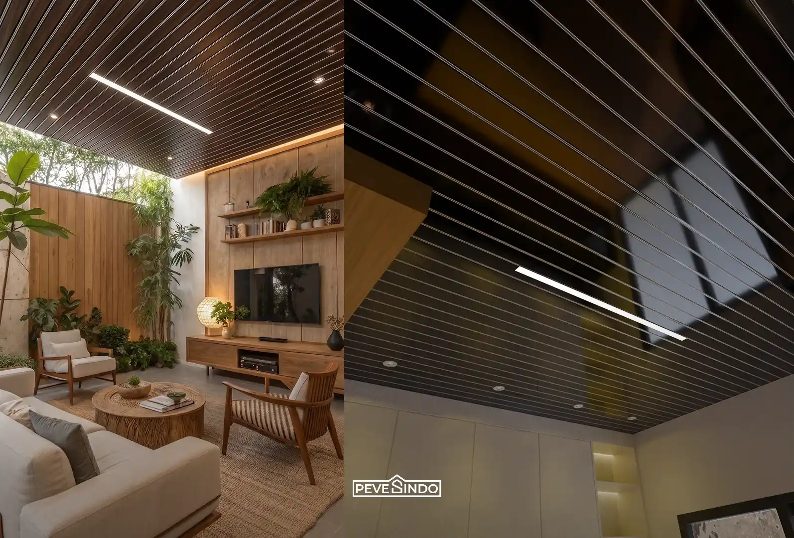 Ruang bersantai semi-terbuka dengan plafon PVC Pevesindo motif garis gelap berukuran panjang 4 meter yang dilengkapi lampu LED linear dan panel dinding kayu.