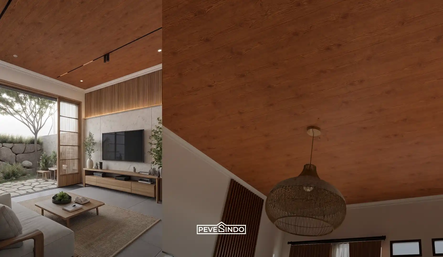 Desain ruang keluarga modern dengan pintu kaca lebar menggunakan plafon PVC Pevesindo motif kayu panjang 4 meter, dilengkapi panel dinding kayu dan meja TV minimalis.