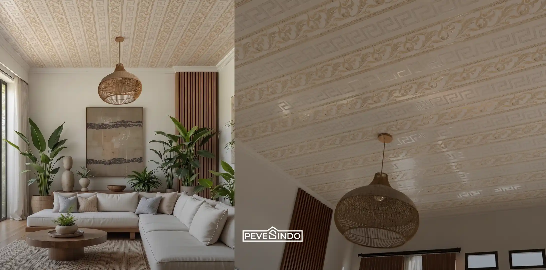Desain ruang tamu tropis menggunakan plafon PVC Pevesindo motif klasik warna emas berukuran panjang 4 meter dengan dekorasi lampu gantung rotan dan panel kayu.