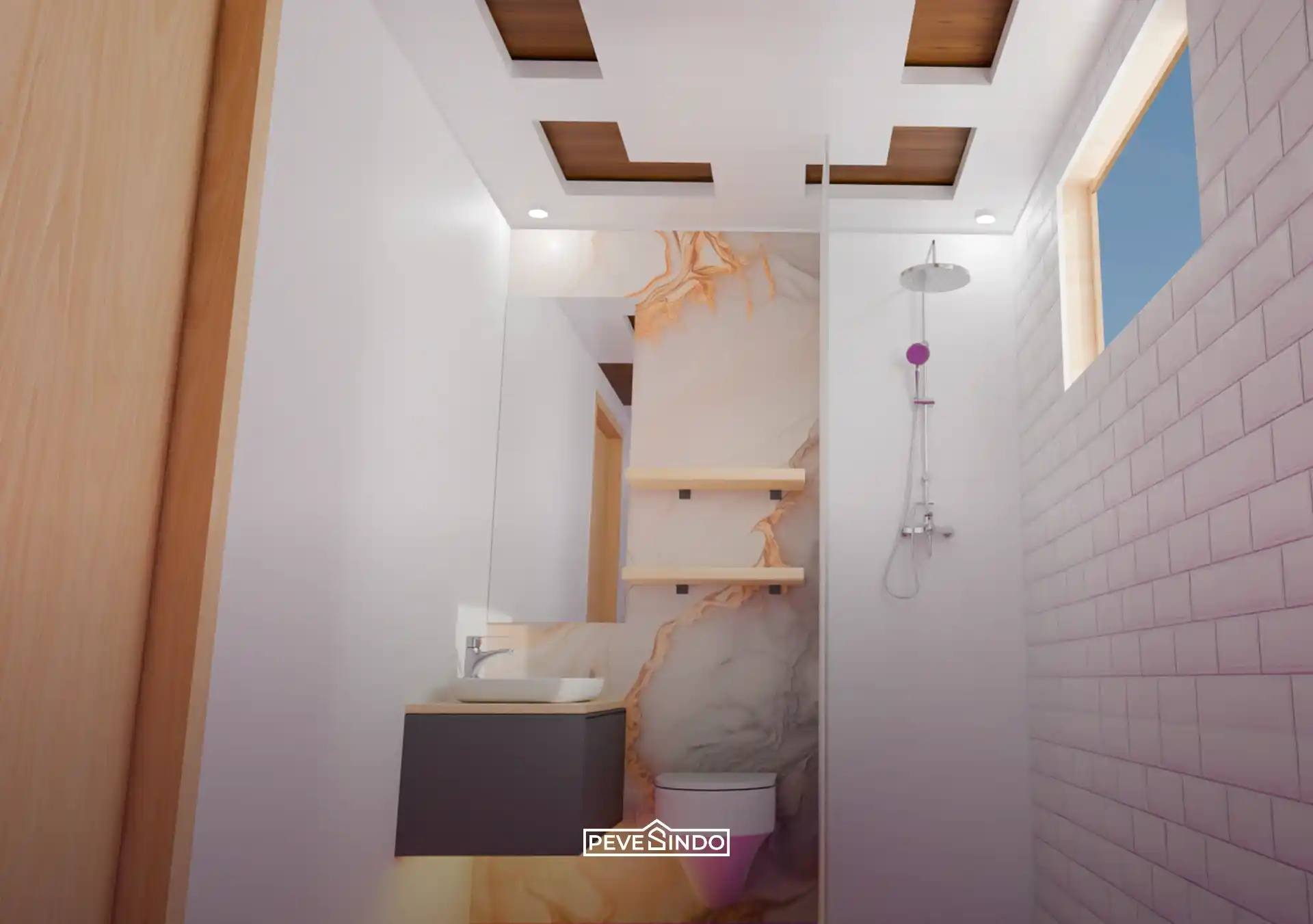 Plafon PVC tahan air yang dipasang di area kamar mandi.